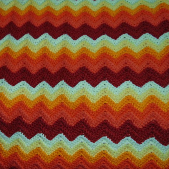 Vintage Crocheted Afghan, Ripple Chevron, Yellow/Orange/Rust, 45 x 84 - Picture 10 of 11